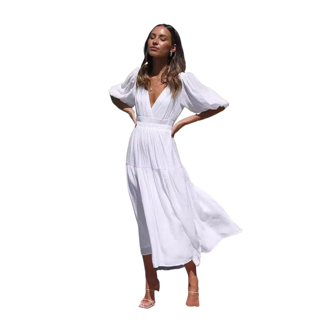 Deep V puffed sleeve vacation dress