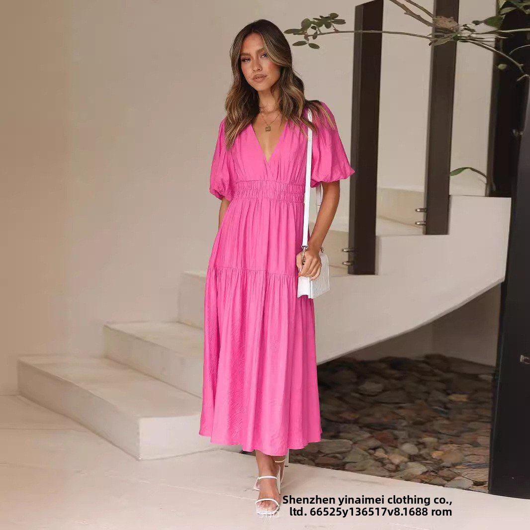 Deep V puffed sleeve vacation dress