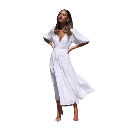 Deep V puffed sleeve vacation dress