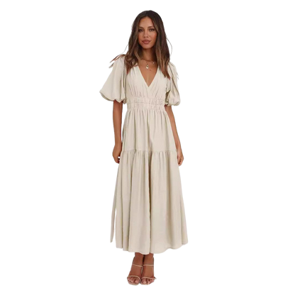 Deep V puffed sleeve vacation dress