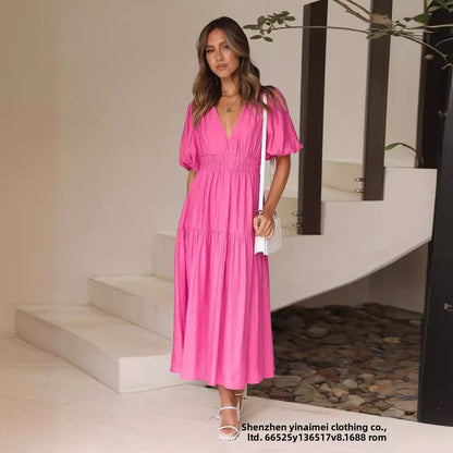 Deep V puffed sleeve vacation dress