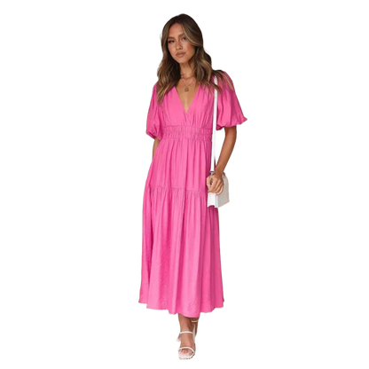 Deep V puffed sleeve vacation dress