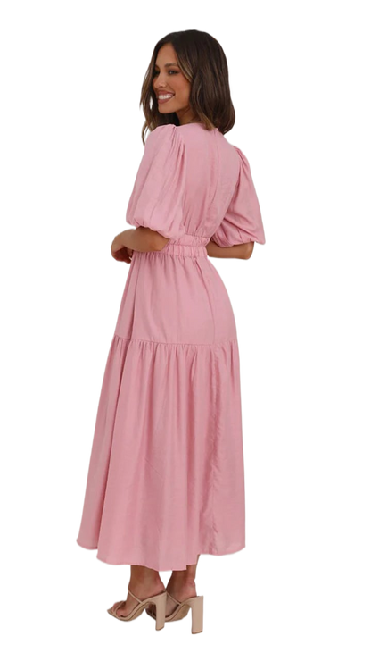 Deep V puffed sleeve vacation dress