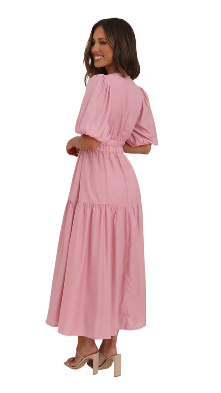 Deep V puffed sleeve vacation dress