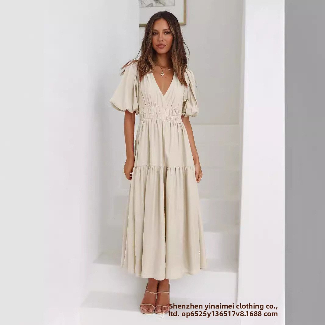 Deep V puffed sleeve vacation dress