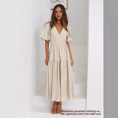 Deep V puffed sleeve vacation dress