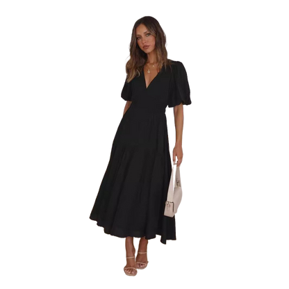Deep V puffed sleeve vacation dress